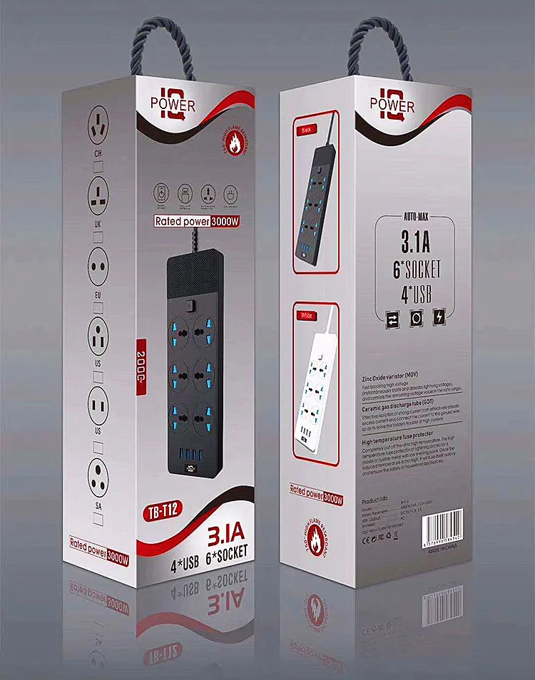 Smart Power Socket Plug UK Power Strip Surge Protector With 6 Outlets And 4usb type-c Black