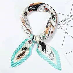 Womens Small Square Polyester Silk Feel Scarves All Four Seasons Pleated Neck Scarf