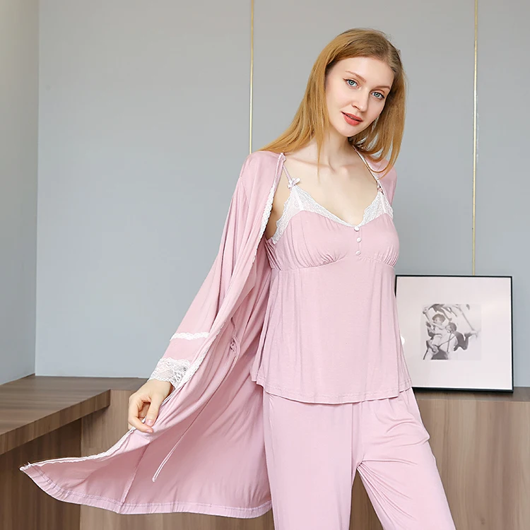 Hot Selling 3 Pieces Pajamas Modal Robe Pajama Sexy Night Pajama