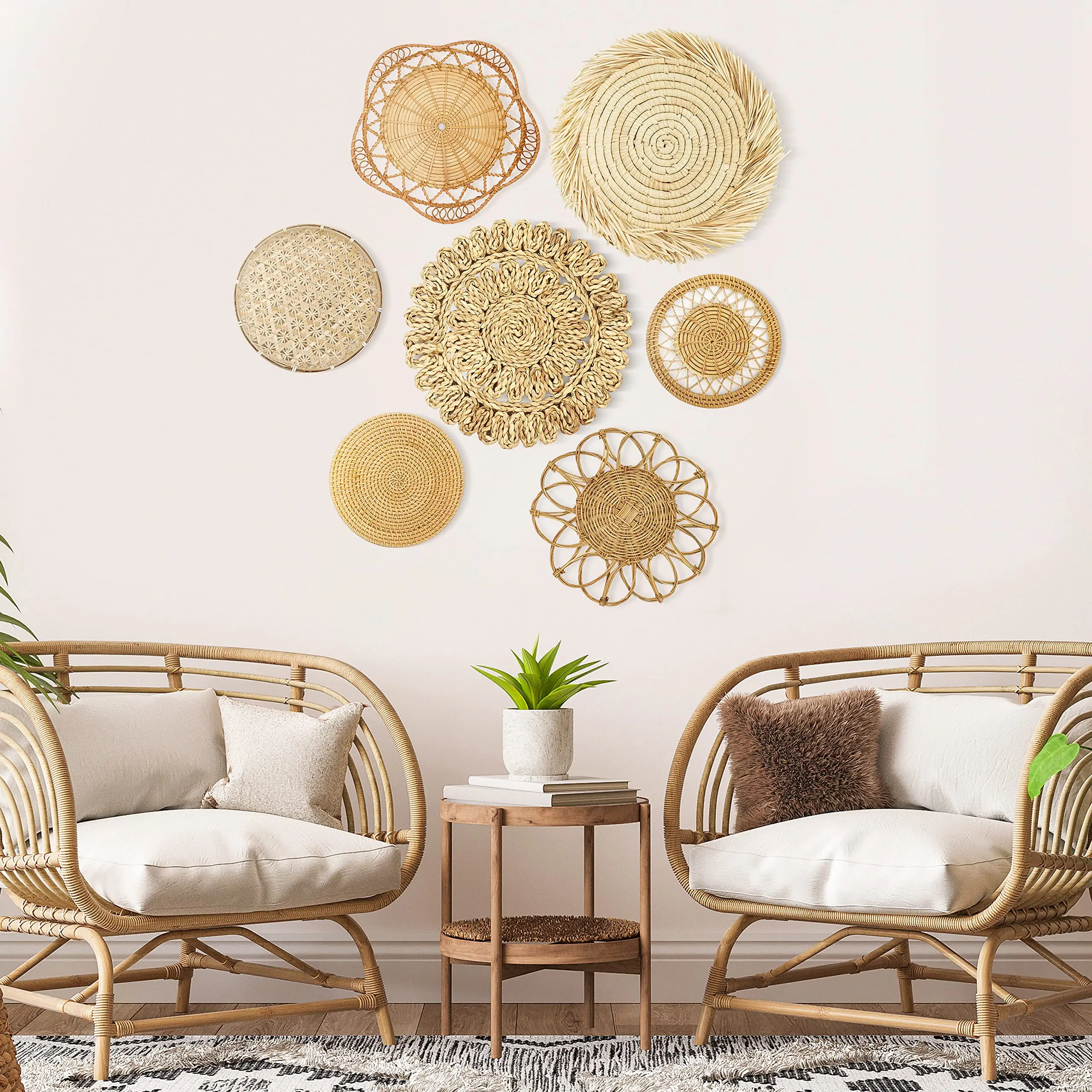 Haosen Rattan Wicker Wall Hanging Decor Basket Charger Home Plate Placemat S7 Natural Boho Handwoven