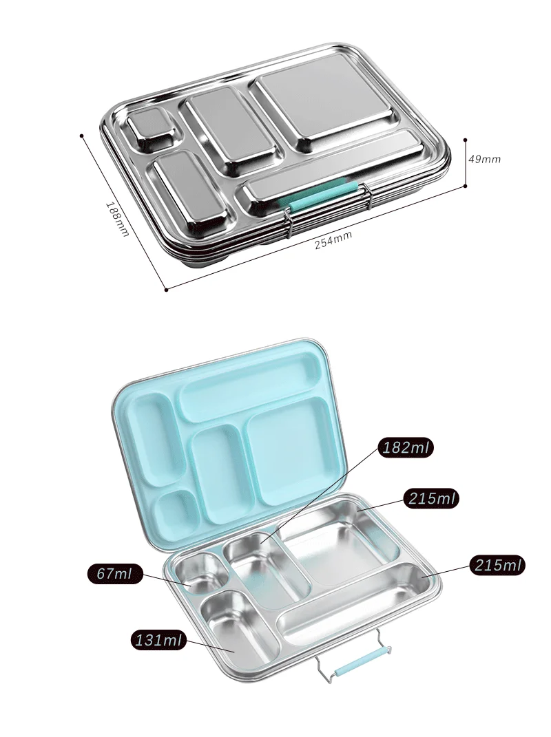 Aohea SS304 Stainless Steel dinnerware lunch box for School 5 compartment bento box with soup jar