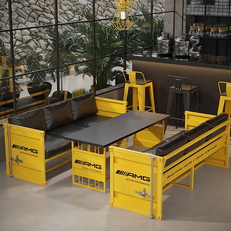 Creative Restaurant Dining Table & Chair Set Container Style Coffee Table Set Industrial Metal Bar Table & Chairs