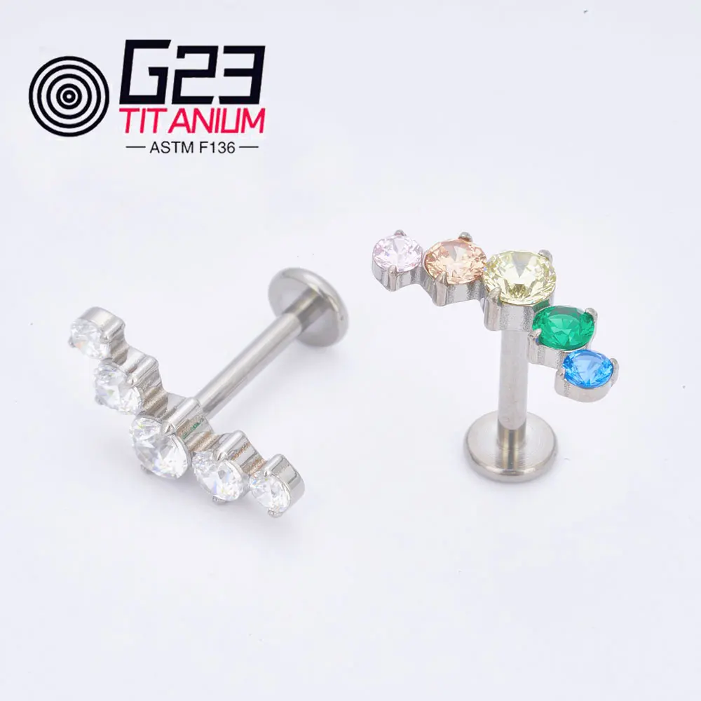 Wholesale G23/ASTM F136 titanium 5 CZ Ear Piercing Lip Labret Lip Rings Earring Studs Piercing Jewelry