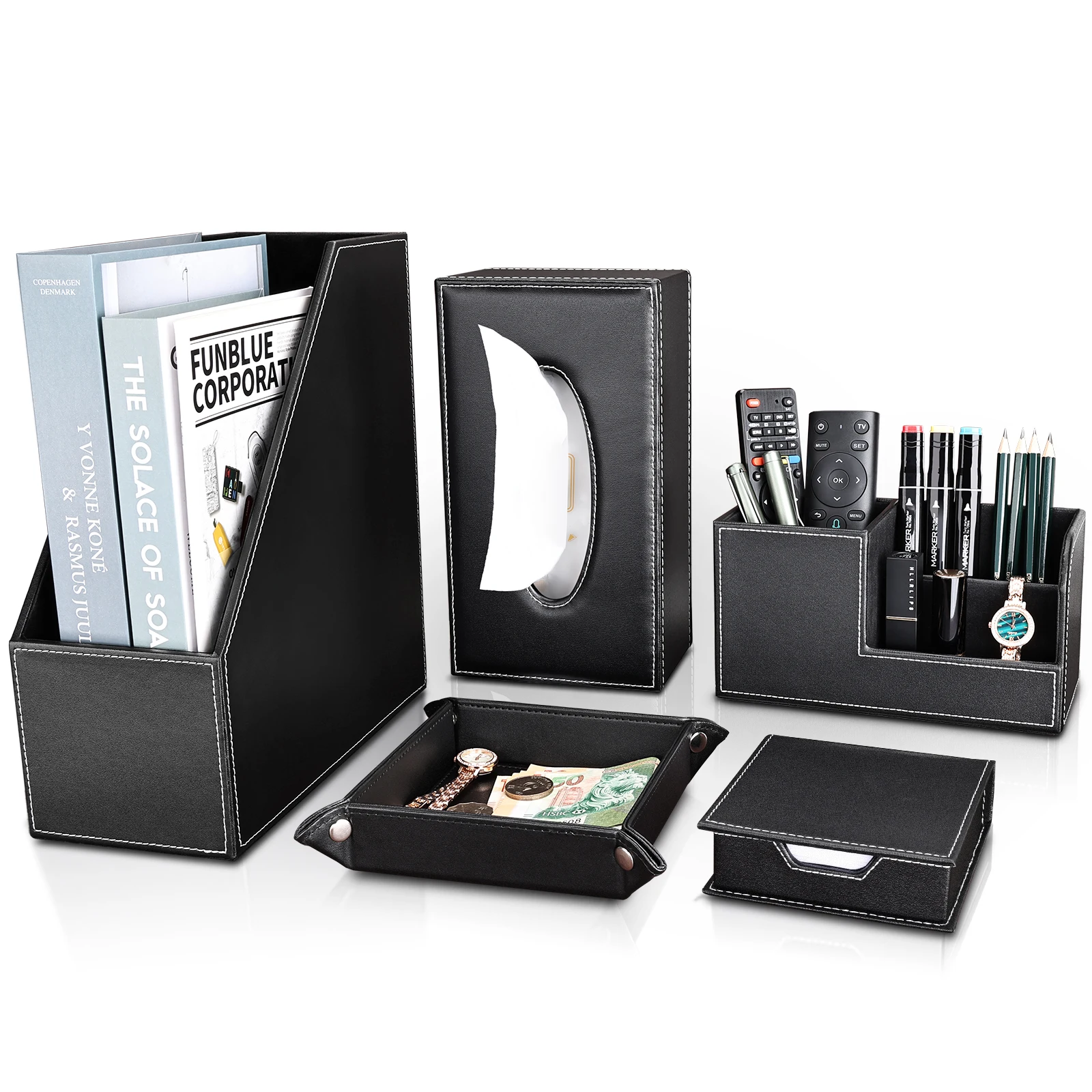 5 PCS Set Pu Leather Magazine Storage Rack Pen Holder Tissue Box Cover Tray Desk Organizer File Holder Accessories Desktop Set