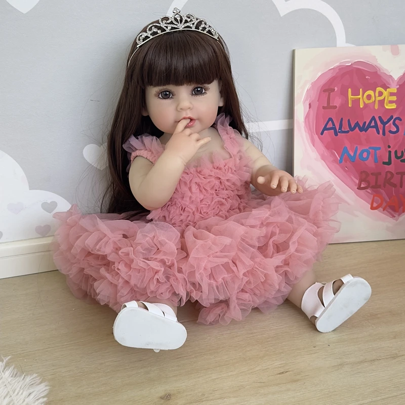 NPK 55CM full body soft silicone vinyl Reborn Stand Toddler Girl Doll lifelike Really Baby Doll with Pink Dress doll toys