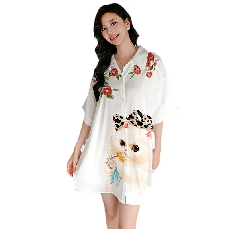 Samwestart wholesale free size long shirt printed nightgowns women one size pajamas luxury lingerie satin nighty