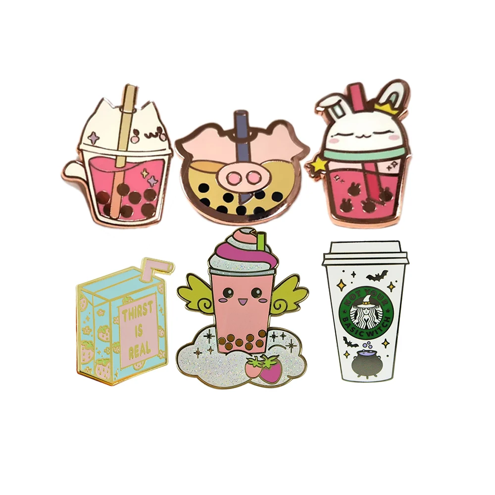 Custom metal badge cloth brooch pin hat hard enamel lapel pins bubble milk tea pin