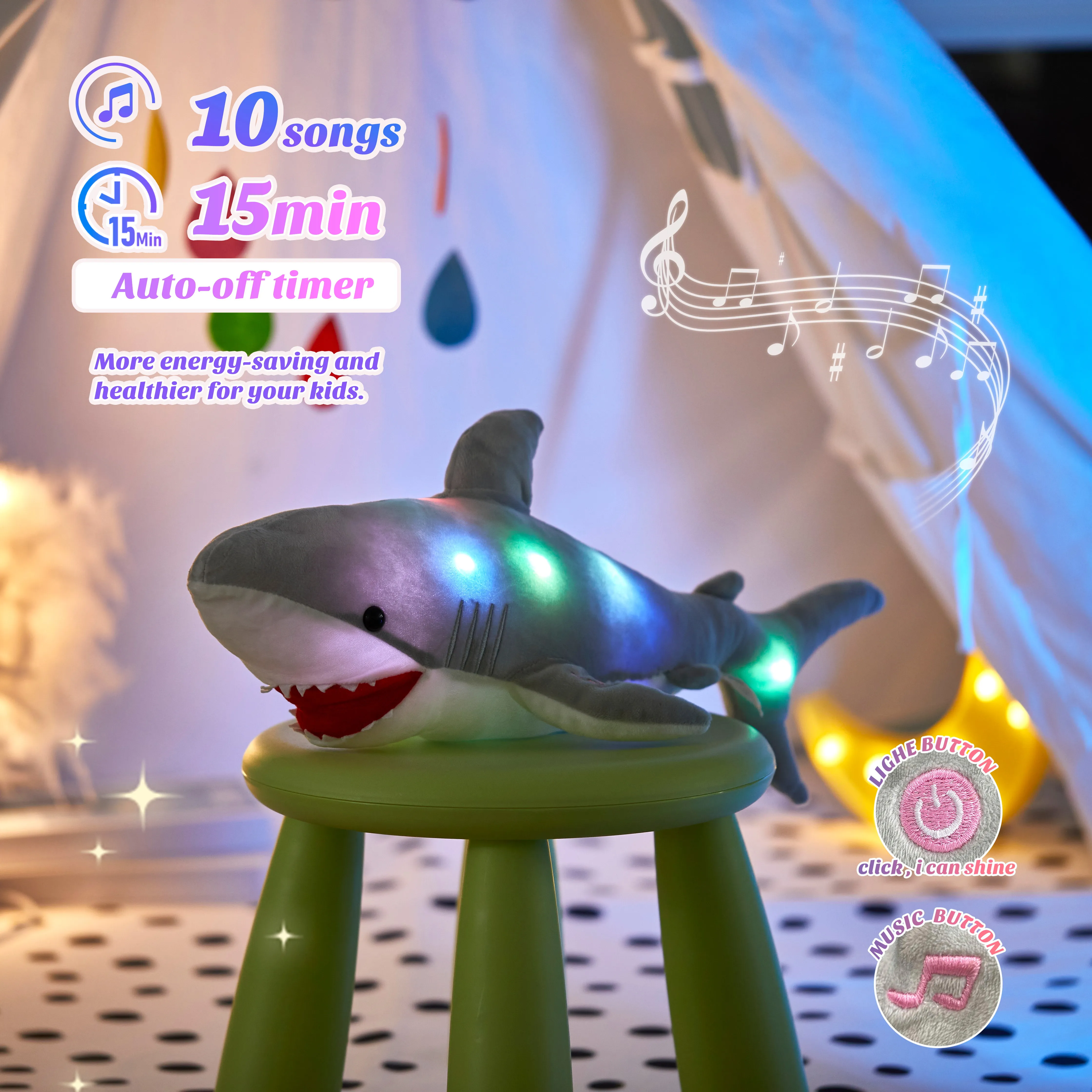 Glowing LED Musical Blue Stuffed Shark Toy Soft Singing Light Up Stuffed Animal Home Decor Birthday Gift for Kids baby Child