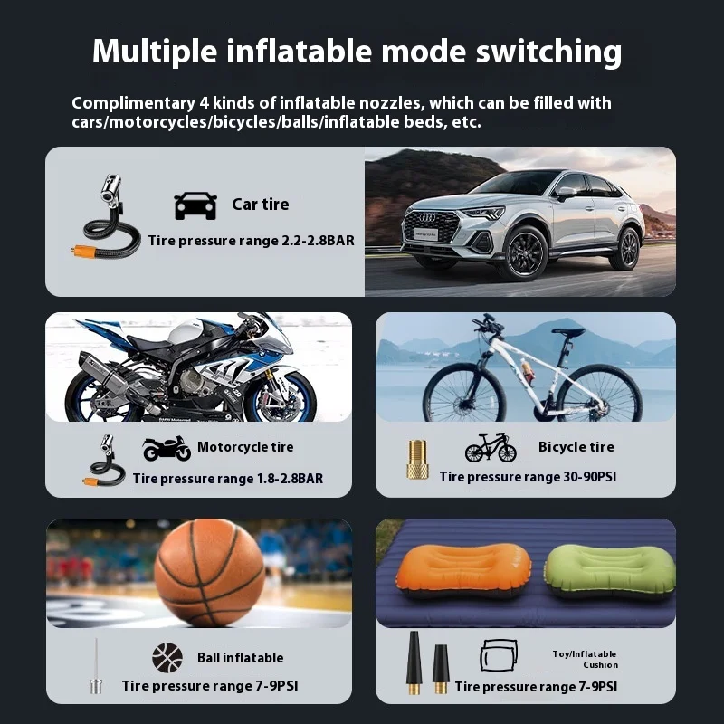 Buwei All-In-One Portable Steel Car Air Pump Wireless High Pressure Hidden Cup Holder Mobile Phone Fast Charging Also Bicycle