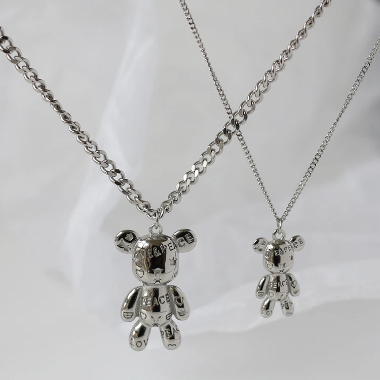 Jewelry mommy and me cute animal bear pendant long chain sweater necklace lady couples stainless steel non tarnish necklace sets