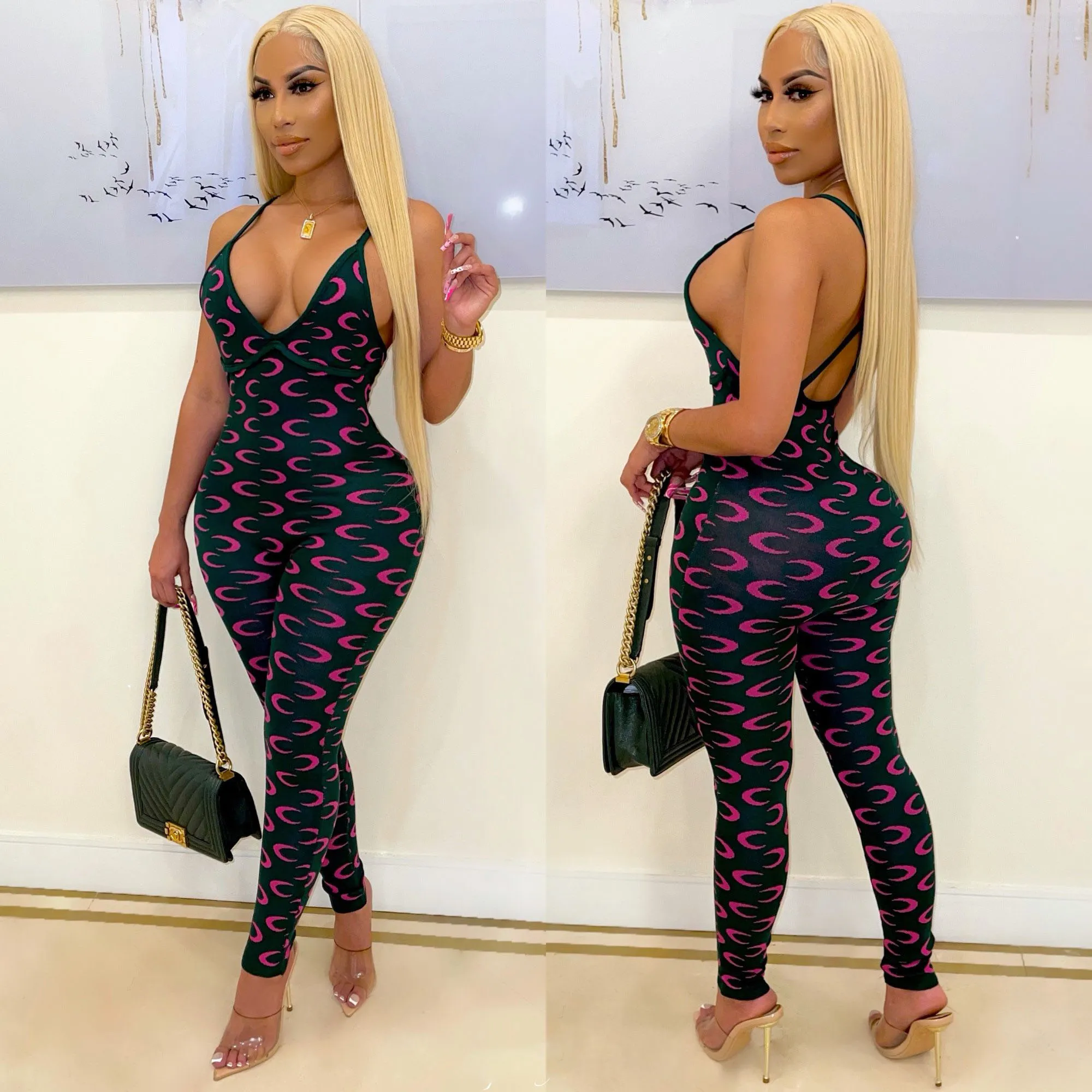 Innovative products sexy deep v-neck  women fashion clothes floral print jumpsuits and rompers low-cut sling jumpsuit