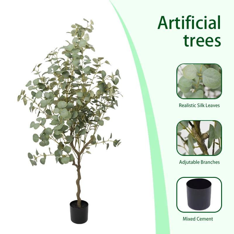 New Design Eucalyptus Tree Artificial Greenery Plants Ornaments Silver Dollar Leaves for living room decoration