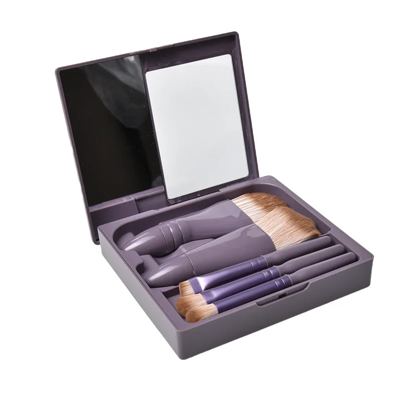 Portable Vegan Makeup Brush Set with 5pcs Soft Synthetic Hair for Foundation Application Includes Mirror and Cosmetic Box