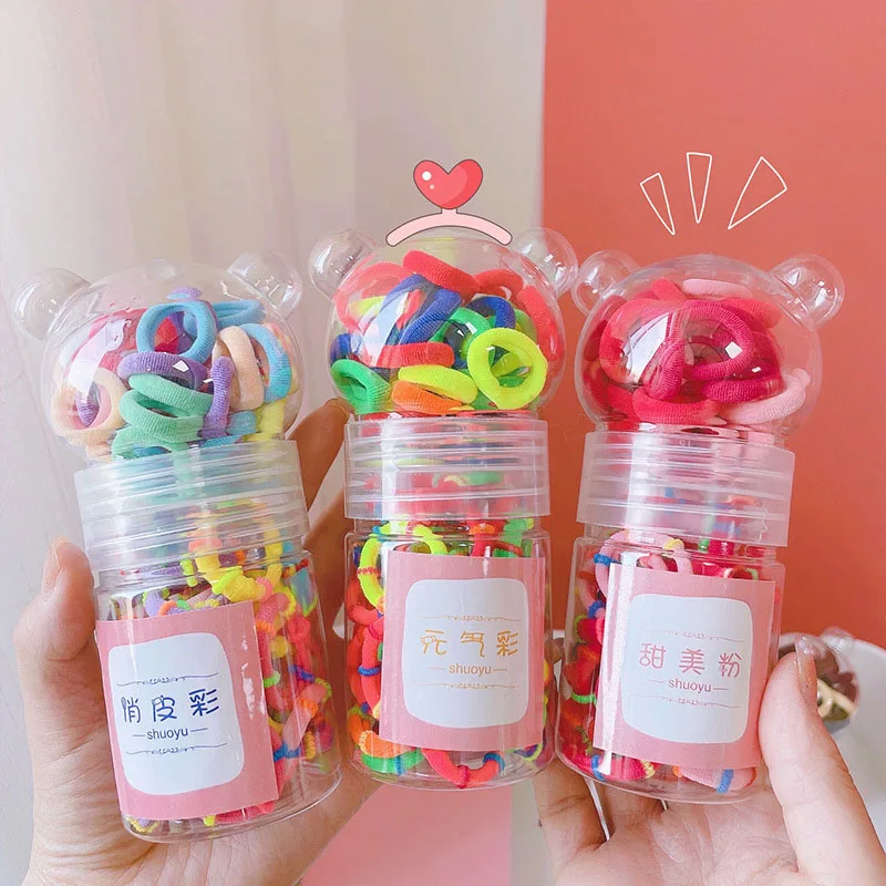 CLARMER Fashion cute mix color about 60 pcs bear jar hair accessory handmade custom fabric cover kids hair tie set