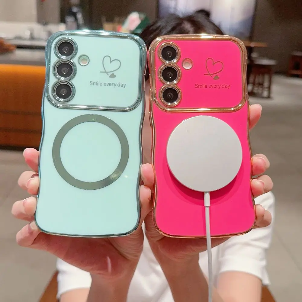 for Samsung S24 Plus Case Magnetic for Women Girls Cute Wave Frame Love Heart Luxury Plating Compatible Shockproof Back Cover