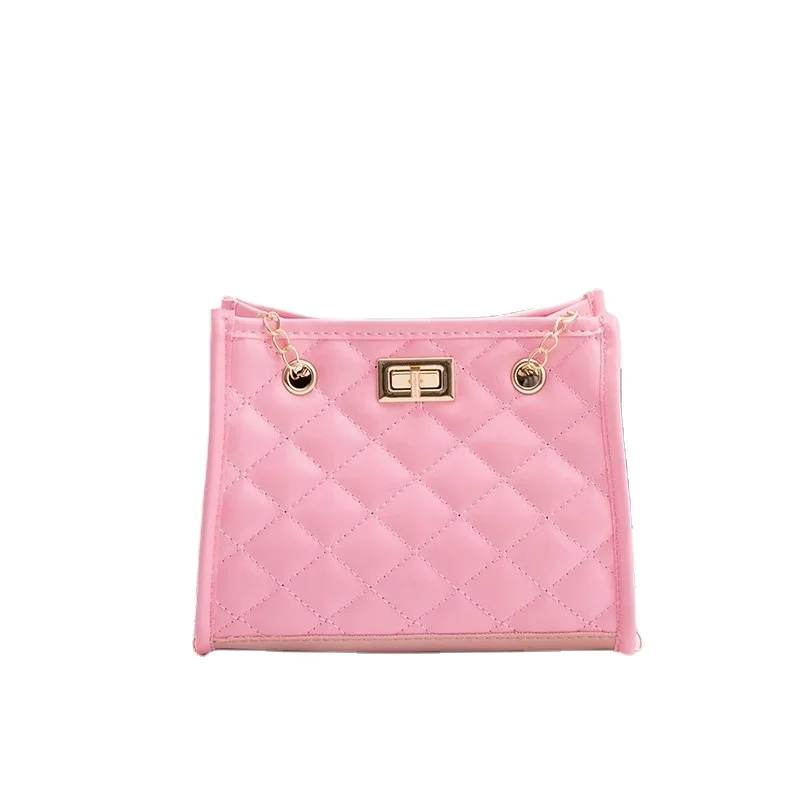 candy color fashion long gold color metal chain tote girls pink handbag pu leather women Bags