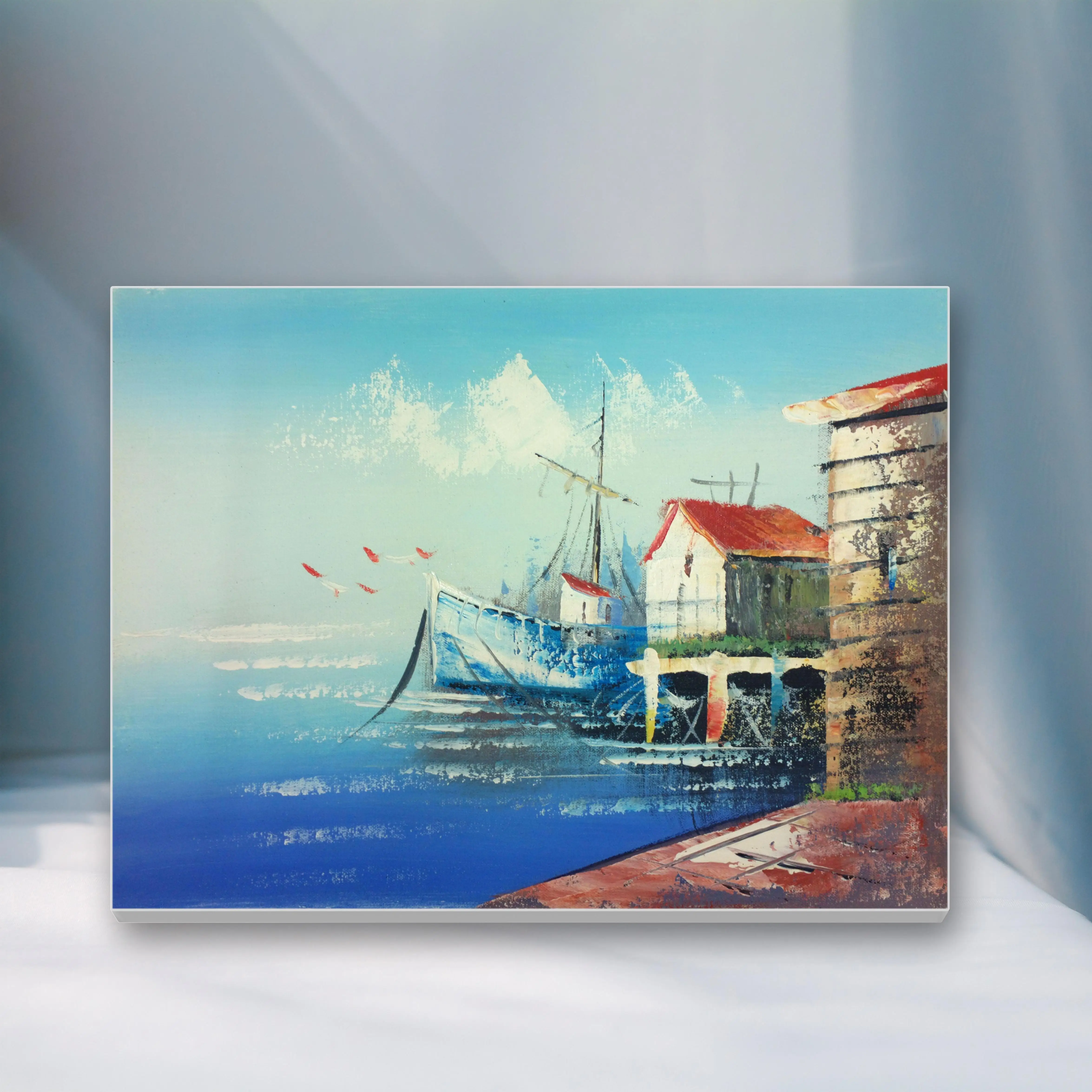 Hand drawn modern style seaside landscape painting ultra low price pure canvas Handmade painting