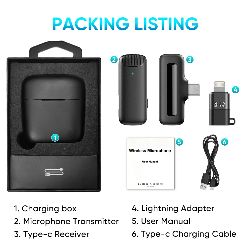 Apexel Wireless Lavalier Microphone, Plug-Play Wireless Mic for iPhone with Noise Reduction Portable Mic for Video Recording