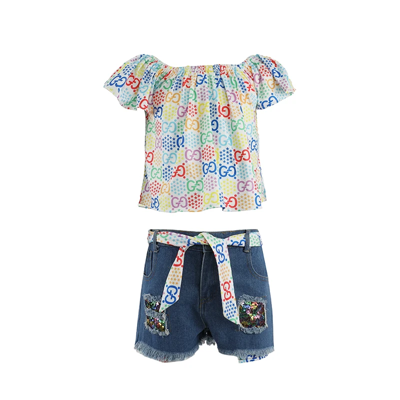 Baby Girl Clothes 2PCS Ruffle Outfits White Shirt Tops+ Denim Pants Ripped Jeans for Girls