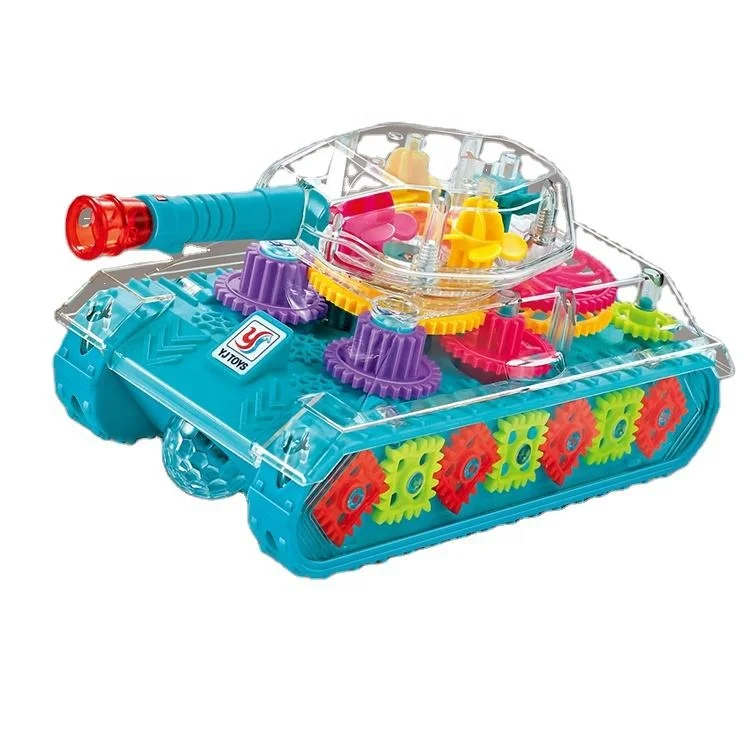2023 New Product transparent gear tank electric universal walking toy with colorful light and music plastic car toys