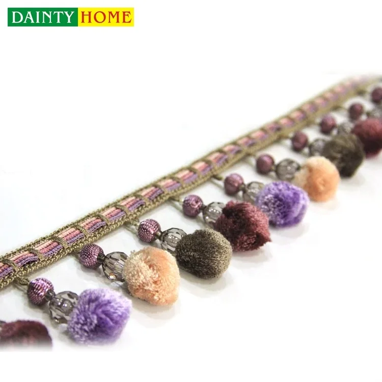 Eco-friendly Dark Coffee Color Ball Curtain Decorative Pom Pom Fringe