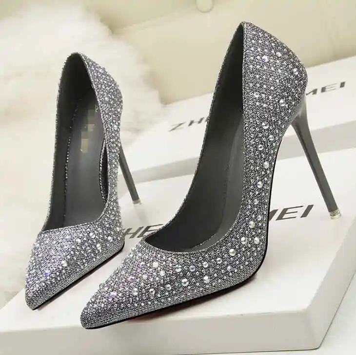 Fashionable, sweet, elegant, high-heeled shallow-mouth, thin, pointed, rhinestone wedding shoes