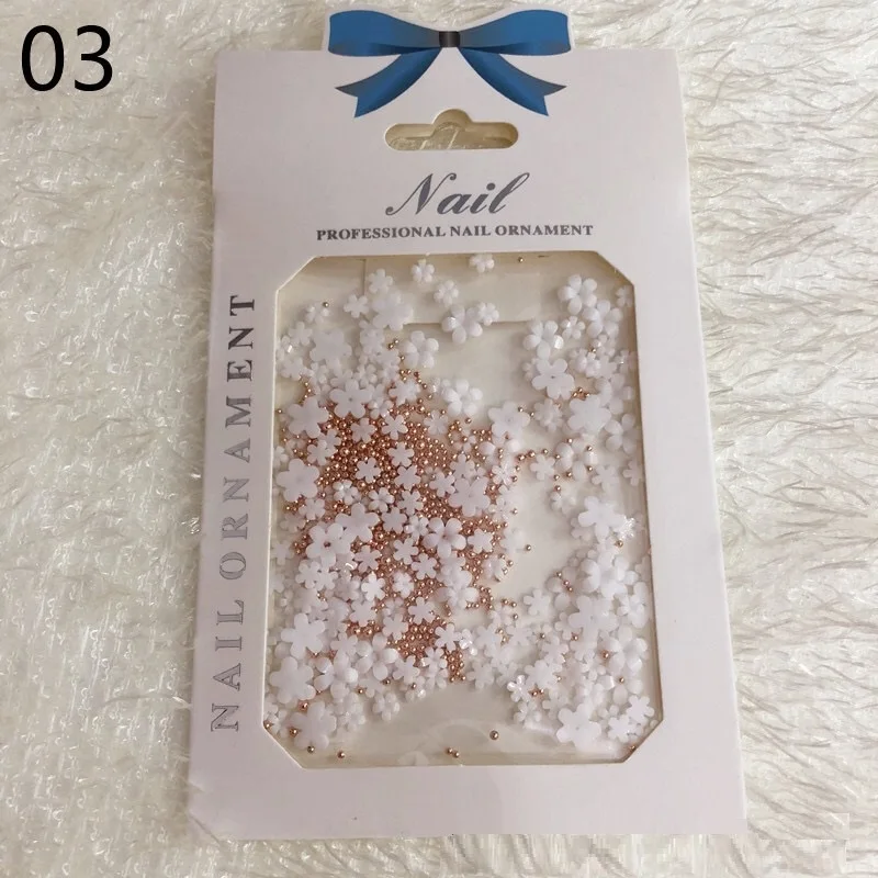 Mixed White Petals Gold Beads Nail Charms Decoration Nail Art Accessary Rhinestone