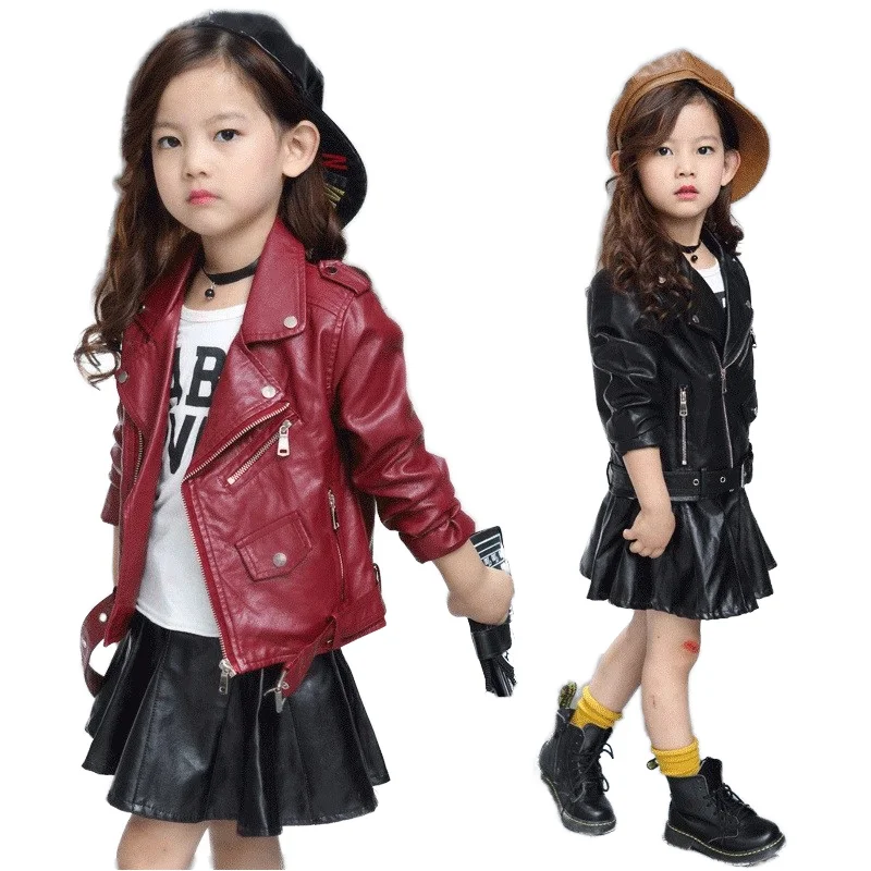 Y110021 girls coat children pu leather jacket kid outwear solid color Zipper belt long sleeve Casual Girls motorcycle jacket