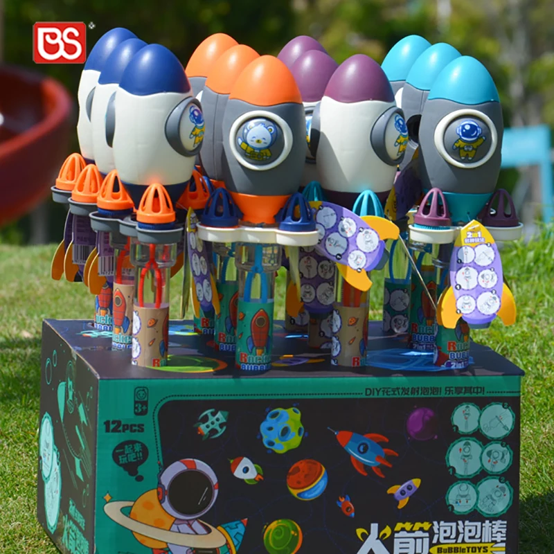 BS Toy 12Pcs 32CM 2 IN 1 Outdoor Space Rocket Shapes Giant Bubble Wand Kids Emo ji Bubble Blower Stick With 140ML Bottle