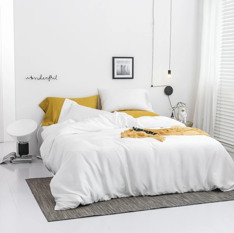 Hot Sale Luxury 60S Tencel  4 PCS Bedding Sets Bamboo Sheets Solid Color Duvet Cover Set White Bed Linen