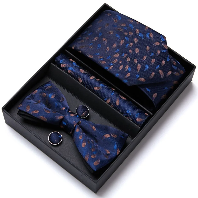 Mens Luxury Paisley Blue Silk Tie Pocket Squre Cufflinks Bowtie Set in Gift Box For Men Gift