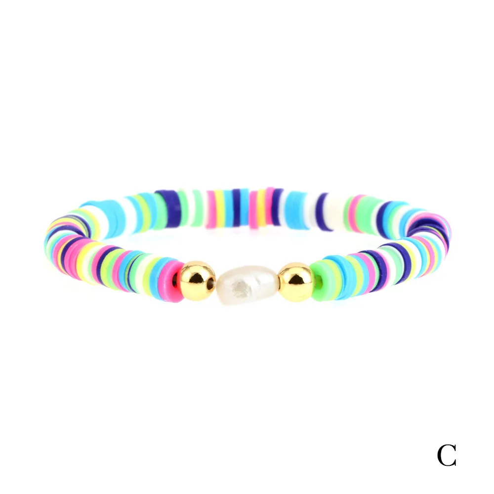 Fashion Beach Surfing Polymer Clay Rainbow Elastic Boho Quality Jewelry Beaded Woman Pearl Bracelet