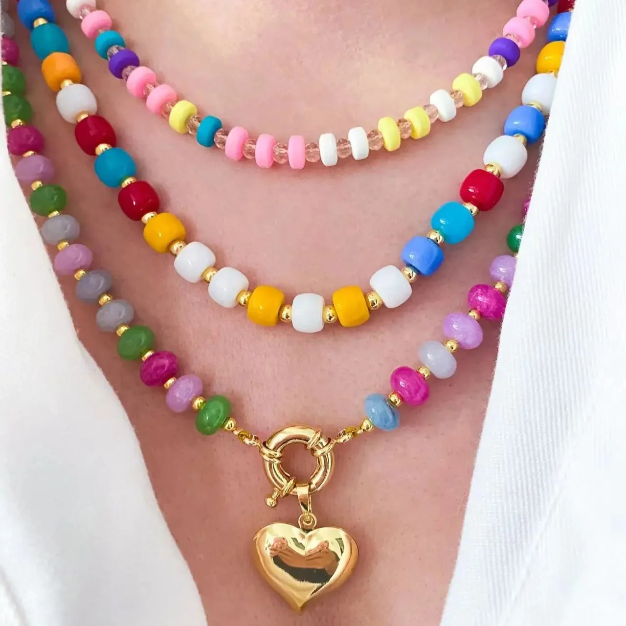 Fashion 18K gold filled Bohemian style colorful necklace set with crystal soft ceramic necklace Heart necklace jewelry