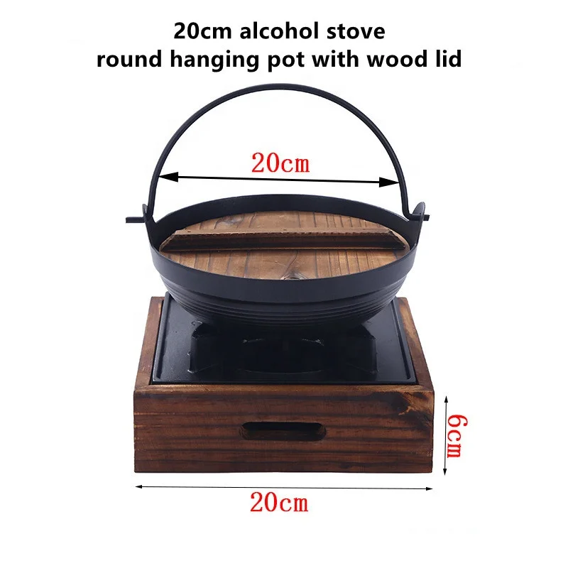 Japanese style cast iron hanging pot wood tray alcohol bbq grill table top mini roasting bbq stove