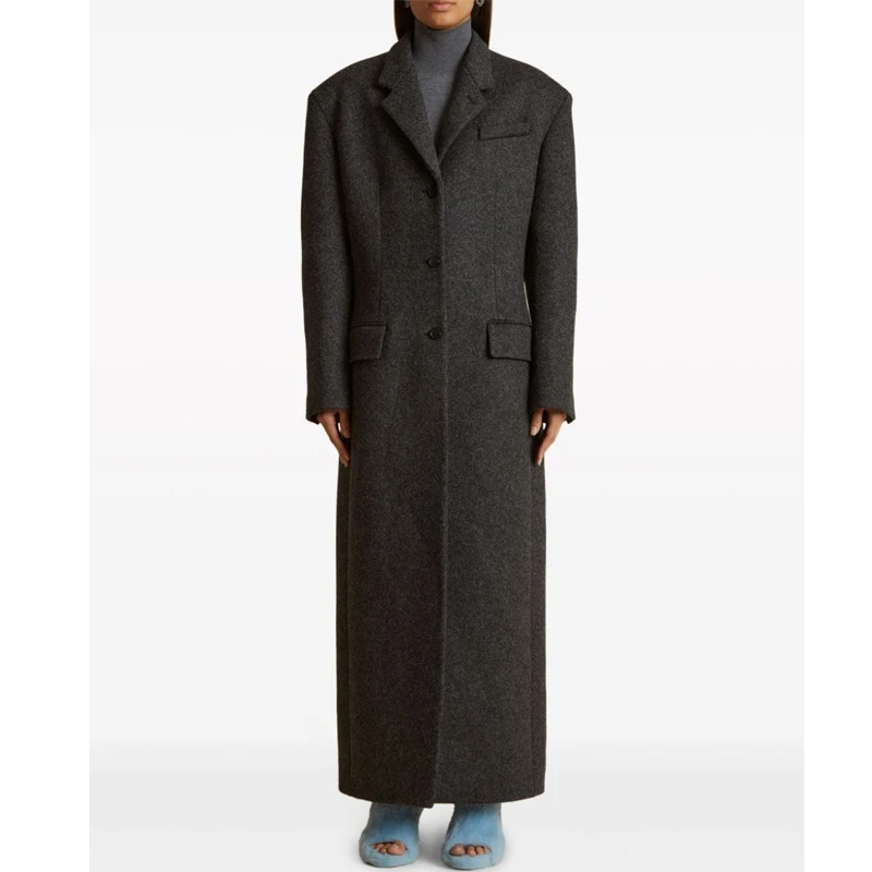 OEM Long Sleeve Single Breasted Slim Waist Woolen Long Coat Women