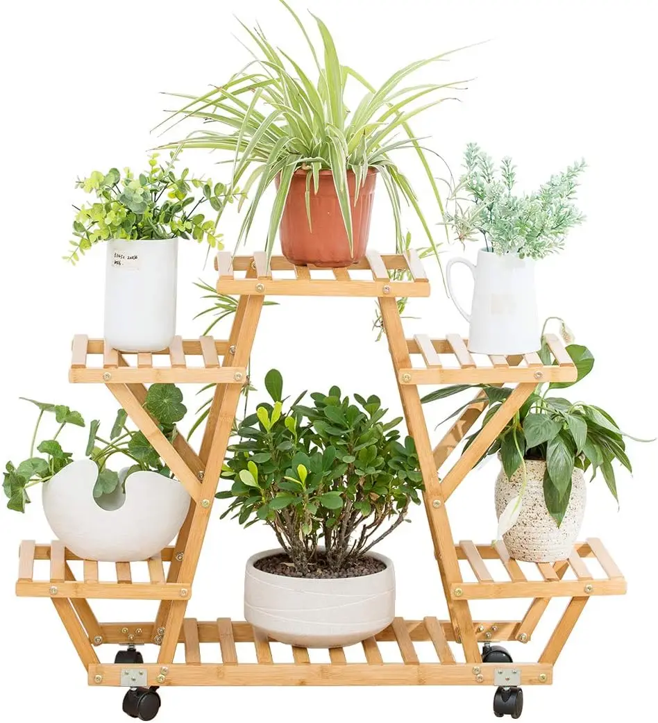 Modern Vintage Design Bamboo Rolling 6 Tier Plant Stand Rack Multiple Flower Pot Holder Shelf I Planter Display shelf