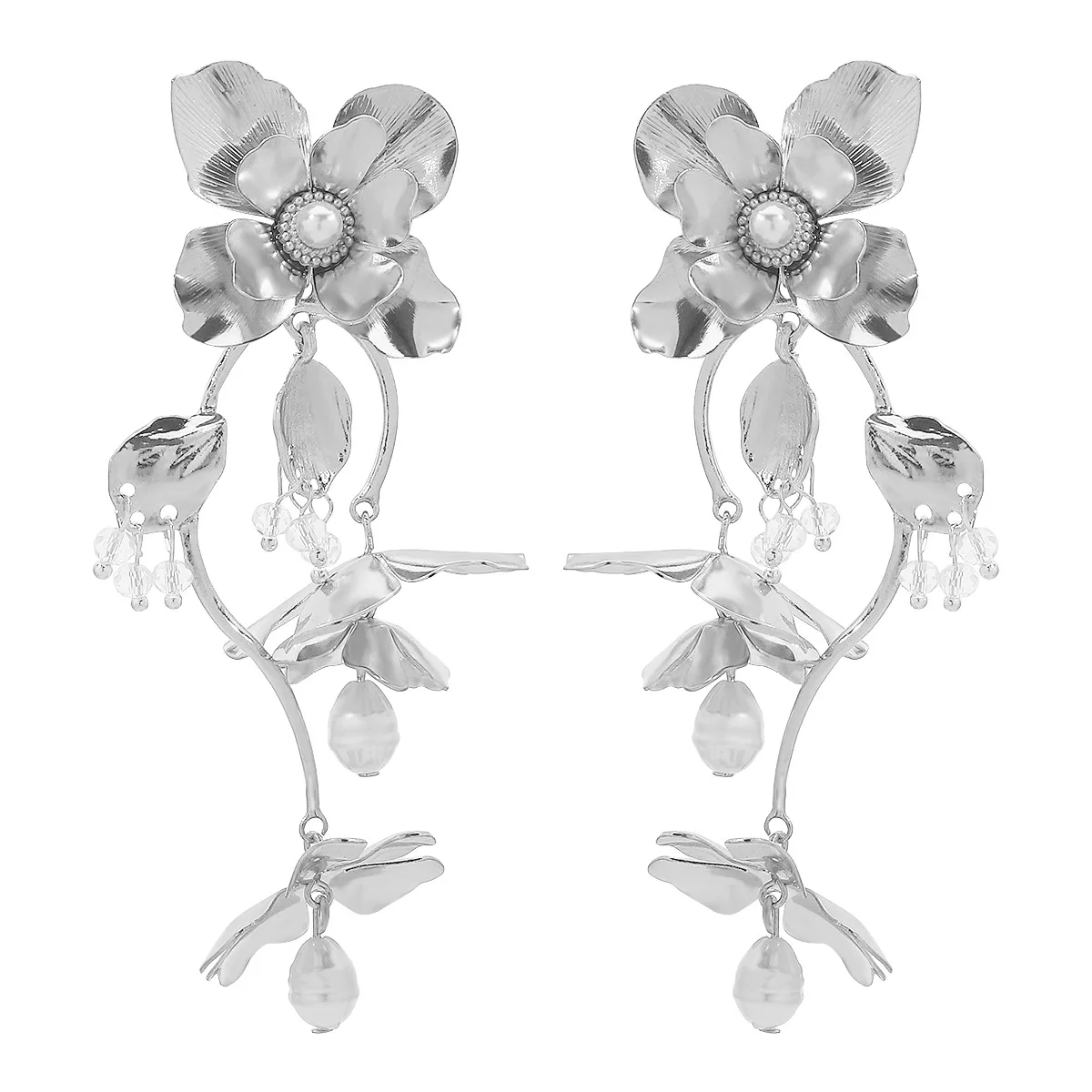 Wholesale Exaggerated Long Tassel Flower Earrings Metal Iron Sheet Pearl Inlaid Earrings Women Fine Jewelry Accessories