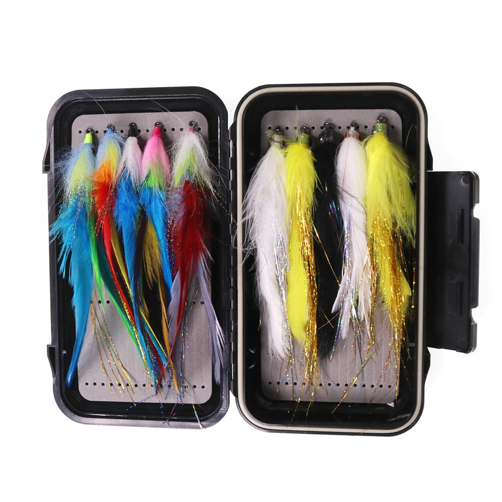 Wholesale 10PC Saltwater Streamer Fly Set Box 3 Style Fish Streamer Fly Bass Pike Muskie Fishing Lure with Waterproof Fly Box