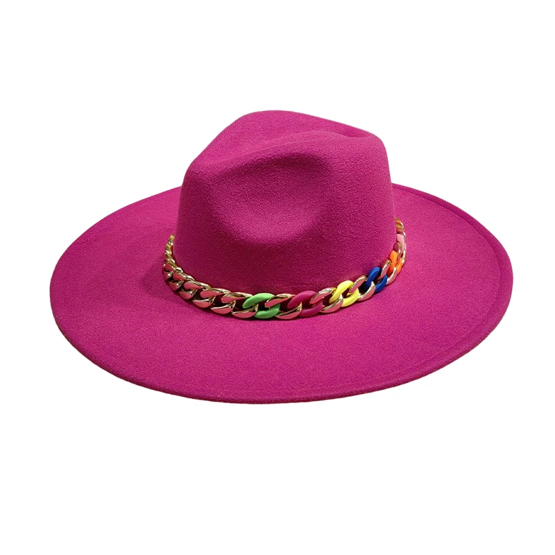 Two Tone 9.5cm Wide Brim Felt  Fedora hats Wholesale High Quality Panama Hat with Multi Color Chain Buckle Decor Jazz Cap Hats