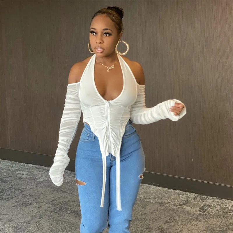 New Arrival Woman T-shirt With Zipper Long Sleeve V-neck Lace Mesh White Crop Top