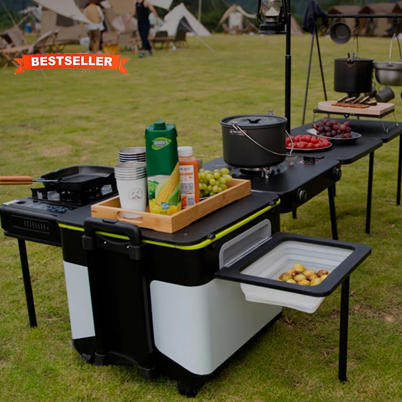 Customized Outdoor Portable Folding Camping Table Kitchen Storage Box Mobile Kitchen With Bunners For Caravan And Cars
