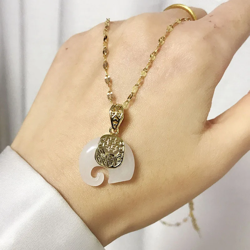 Оптовая продажа белая зеленая нефритовая подвеска цвета блюз ювелирные изделия из нержавеющей стали под заказ золотой слон ожерелье для женщин