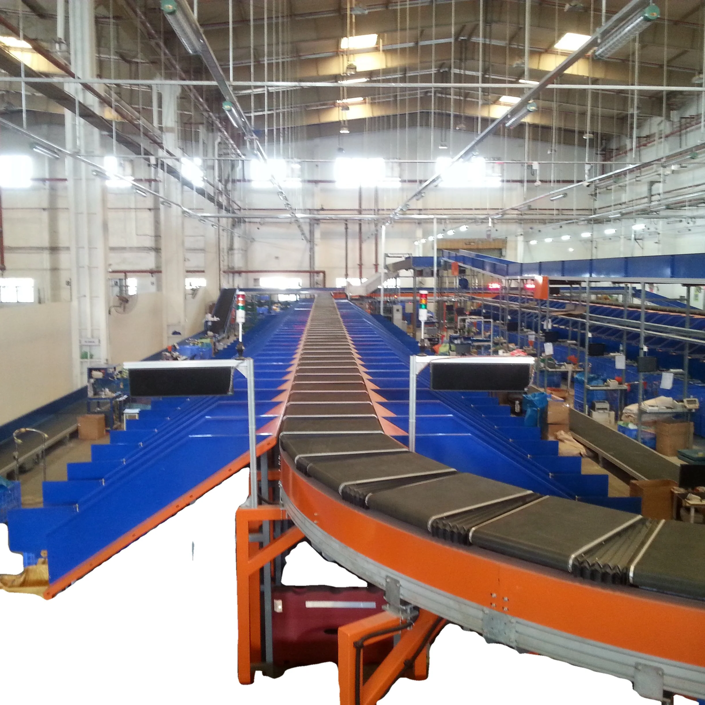parcel sorting machine and cross belt sorting conveyor widely used for clothes/ shoes boxes/ books sorting with DWS