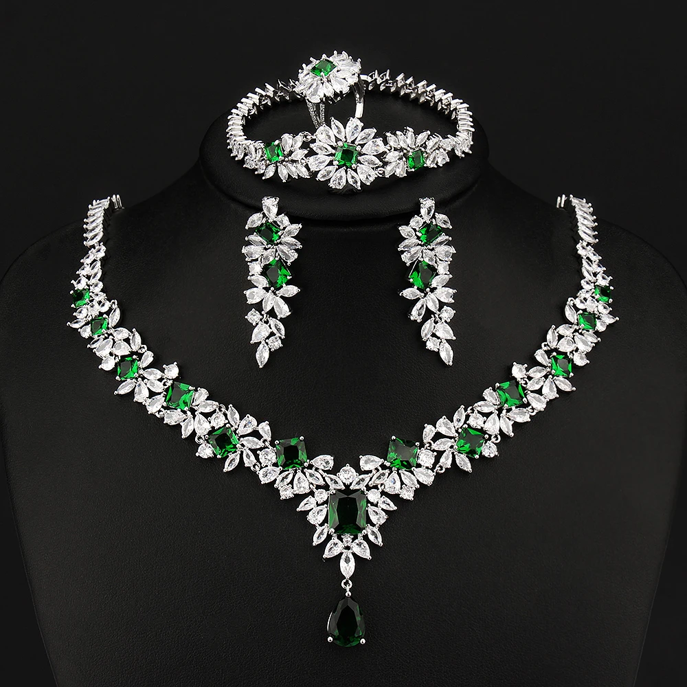 Emmaya Elegant Luxury AAA Zircon Green Stone 4pcs Bridal Jewelry For Women Necklace Earrings Bracelet Rings Silver Plated Sets