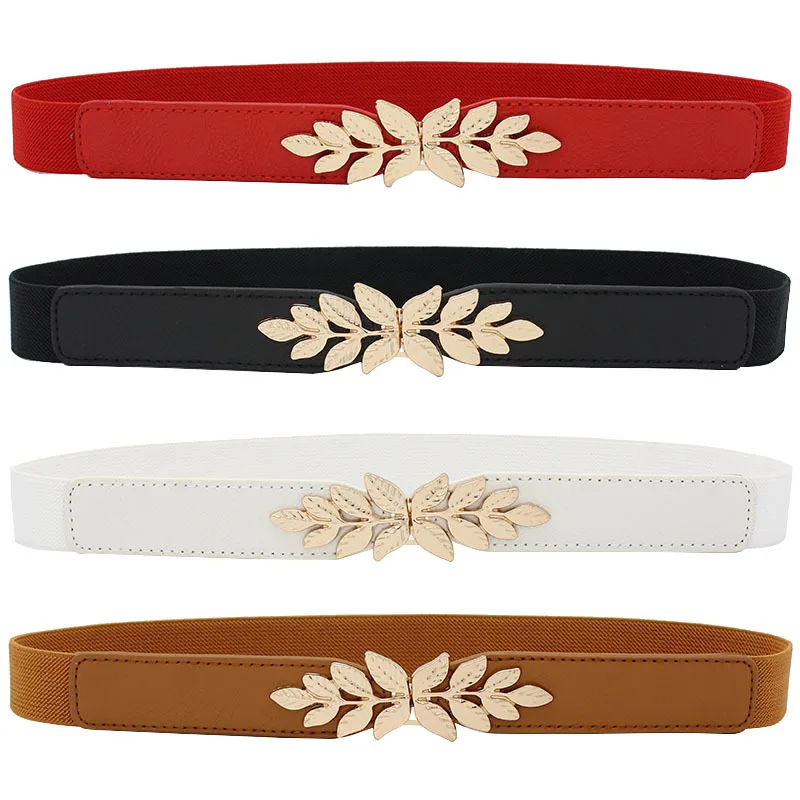 100CM PU Leather Stretch Waistband Skirt Waist Decor Tie Belt Girdle Adornment Jeans Sash Gold Leaf Buckle Dress Belts for Women