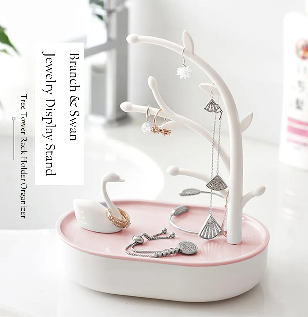 Tree Branch & Swan Jewelry Display Stand With Storage Base, Tree Tower Rack Holder Organizer for Ring Earrings Necklace Bracelet