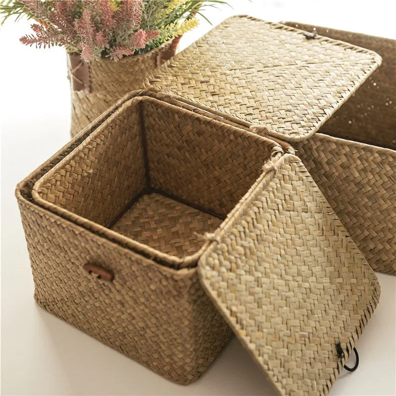 Rectangular Storage Baskets Sea Grass Eco Material Natural Rattan Straw Friendly Home Decoration Daily Cosmetics Baskets