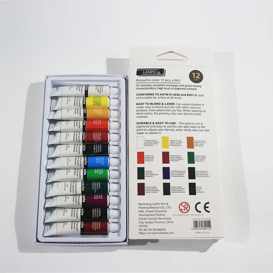 LANPO brand back to school B2S Gouache color paint set of 12x6ml student quality