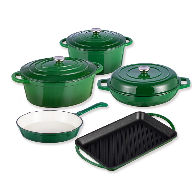 Bright Homeware 8 pcs Cookware Set Cast Iron China OEM Cookware Manufacturer Green Enameled Cast Iron Dutch Oven and Skillet Set