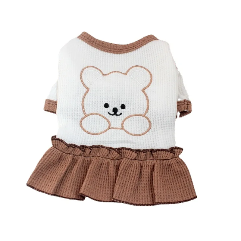 INS South Korea Pet Couples Dress Spring Summer Thin Bear Embroidery Dog Cat T-shirt Skirt Cotton Plaid Pattern Fall Winter